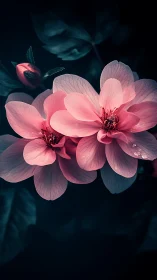 Pink Orchids Blooming Against Dark Teal Foliage