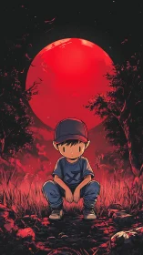 Crouched child under oversized red moon in stylized forest.