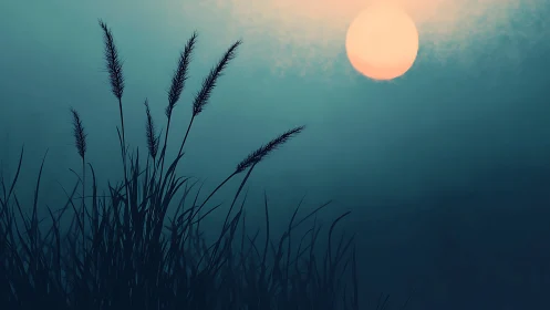Tall grasses in silhouette against large hazy setting sun.