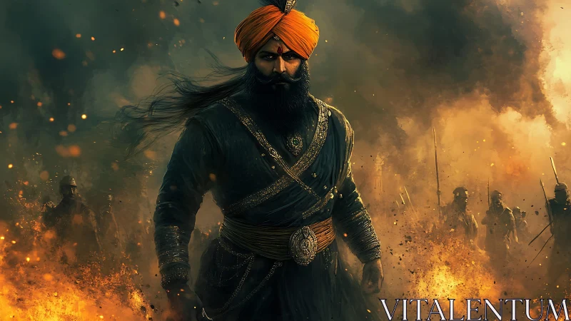 Armored turbaned warrior advances through smoke and fire