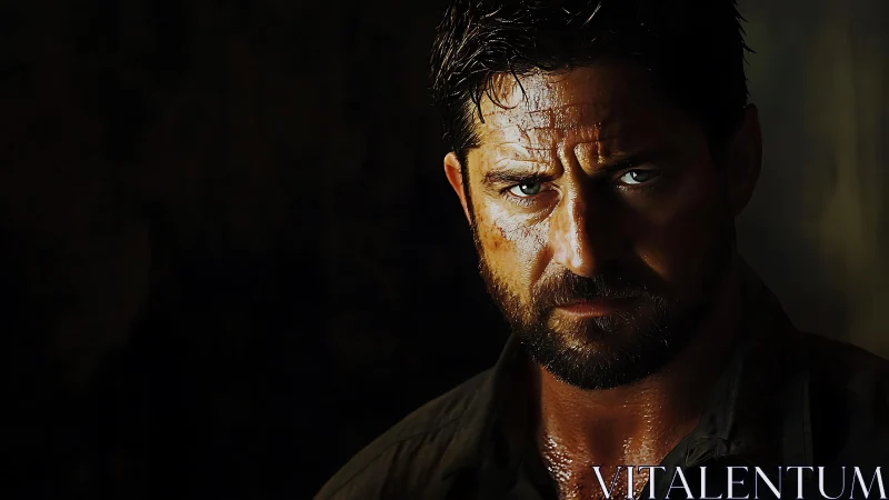 Male subject portrait uses strong directional low key lighting