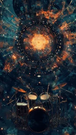 Cylindrical vortex portal radiates above illuminated acoustic drum kit