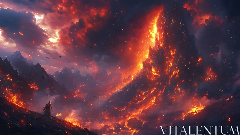 Solitary figure surveys apocalyptic inferno landscape with cascading flames
