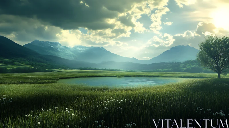 Digital painting of alpine meadow lake under dramatic light.