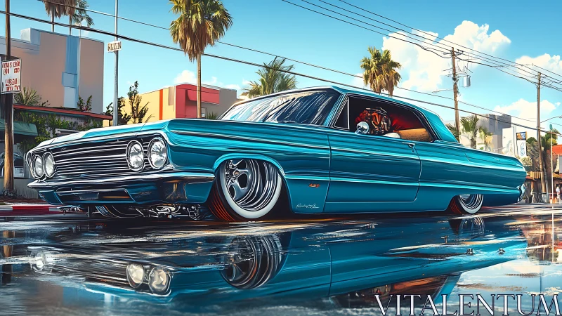Lowrider coupe glides through sunlit palm-lined street.