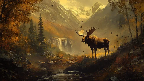 Solitary bull moose stands in golden alpine valley at dusk