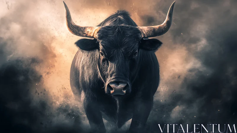 Charging black bull emerges through volumetric dust and light