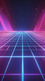 Retro neon grid horizon under starry synthwave sky.