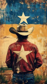 Cowboy stands proud before weathered Texas lone star flag.