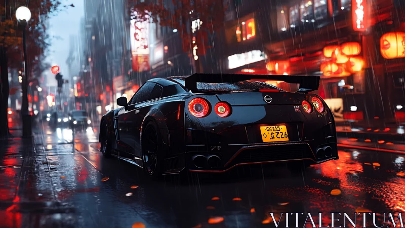 Rain-slicked skyline mirrors a midnight supercar’s crimson glow