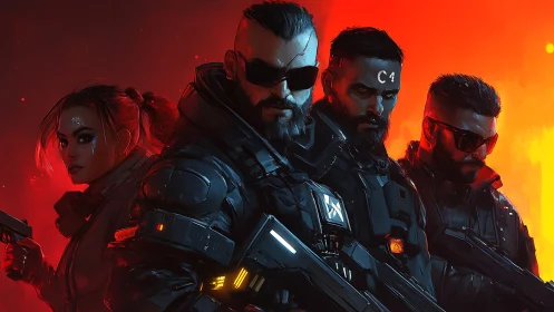 Cybernetic strike squad advances through neon inferno