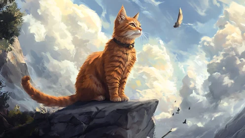 Orange cat perched on mountain cliff overlooking clouds.