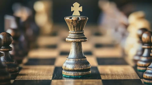 Weathered wooden chess king dominates shallow focus board