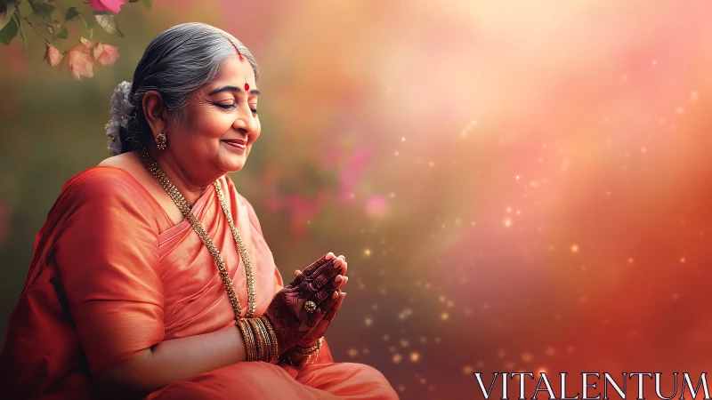 Elderly Indian woman in traditional attire, serene and spiritual portrait.