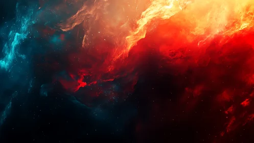 Stellar nebula clouds blaze in red blue opposing firestorm
