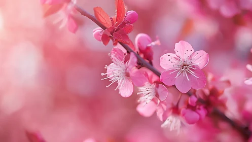 Pink Cherry Blossoms Branch with Dewdrops