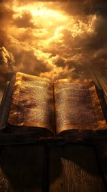 Ancient illuminated book under glowing golden sky.