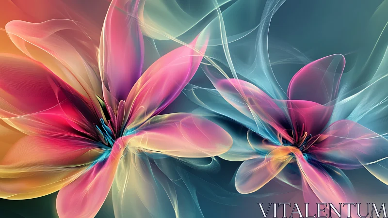 Digital abstract flowers form translucent layered petals vividly