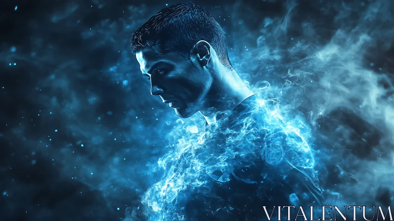 Futuristic athlete silhouette wrapped in electric blue smoke