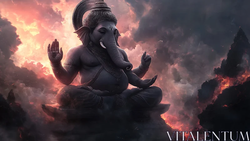 Divine elephant-headed deity in molten sky-lit stormscape.