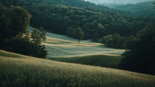 Soft morning light rolls in waves across forested hillsides