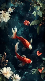 Vertical koi pond tableau with florals in digital painting.