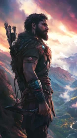 Resolute mountain wanderer greets a glowing fantasy dawn