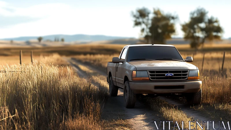 Dusty Ford pickup truck parked on rural dirt track at sunset
