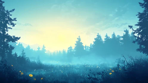Misty Forest Clearing at Dawn with Yellow Wildflowers