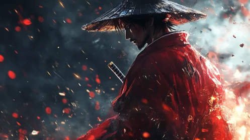 Fierce wandering samurai stands calm within swirling embers