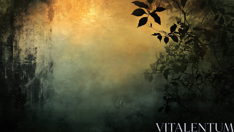 Soft golden haze with dark foliage silhouettes at dusk.