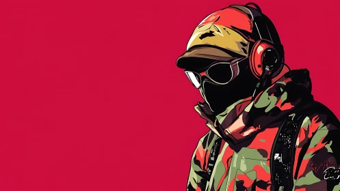 Urban explorer in bold camo and headphones on red backdrop.