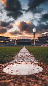 Low-angle baseball field line under dramatic sunset sky.