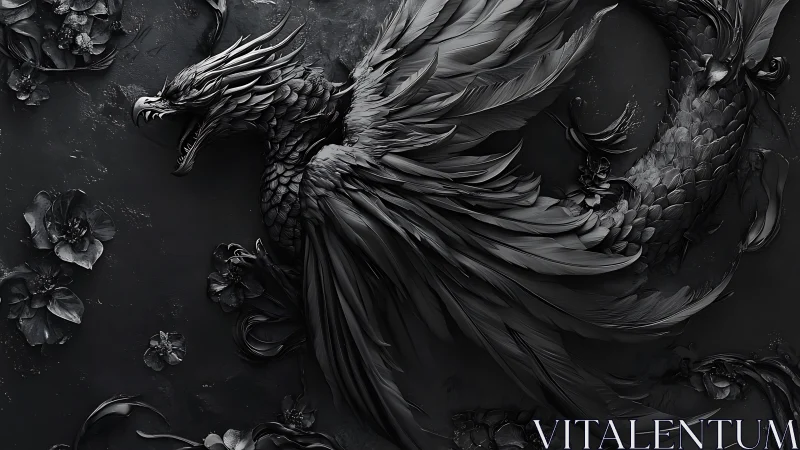 Monochrome dragon phoenix relief coils across dark floral field