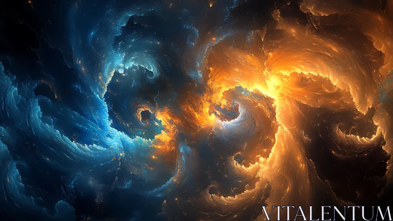 Cosmic blue and orange nebula swirling in dynamic motion.