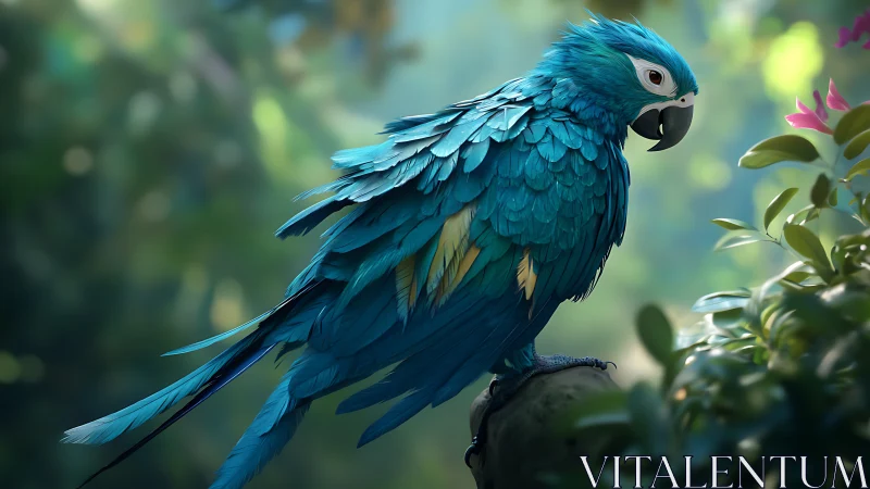 Vibrant Blue Parrot on Branch in Lush Tropical Jungle Scene.
