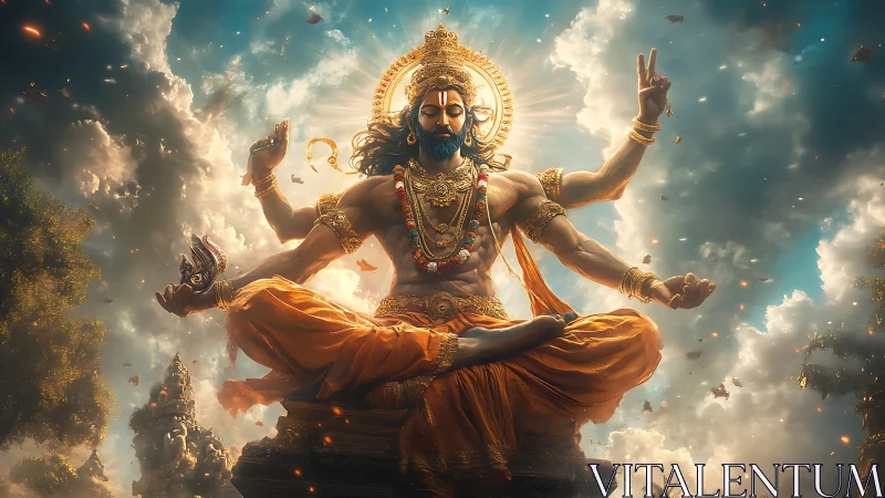 Sky-throned yogic deity radiating stormlit golden calm.