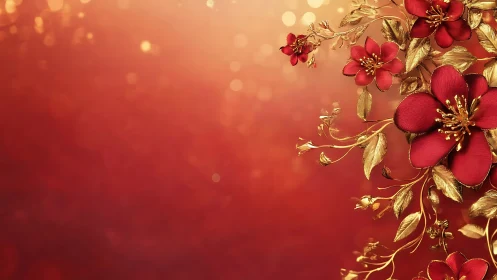 Red flowers with gold foliage arranged on warm gradient background