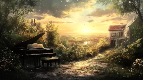 Grand piano rests beside sunlit garden path at sunset