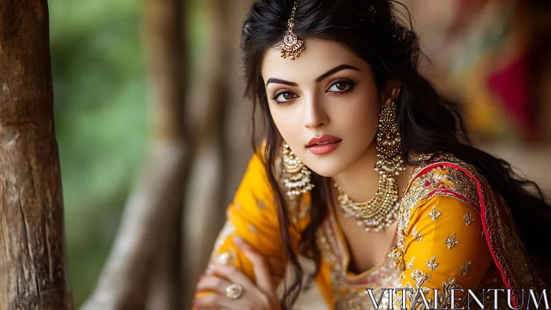 Portrait of woman in ornate yellow traditional attire.