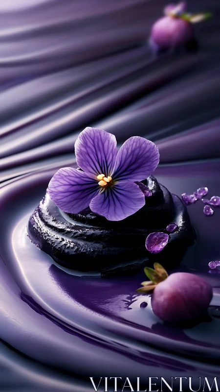 Purple violet flower rests on glossy liquid swirl surface