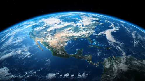 Earth from orbit with vivid North American coastline.