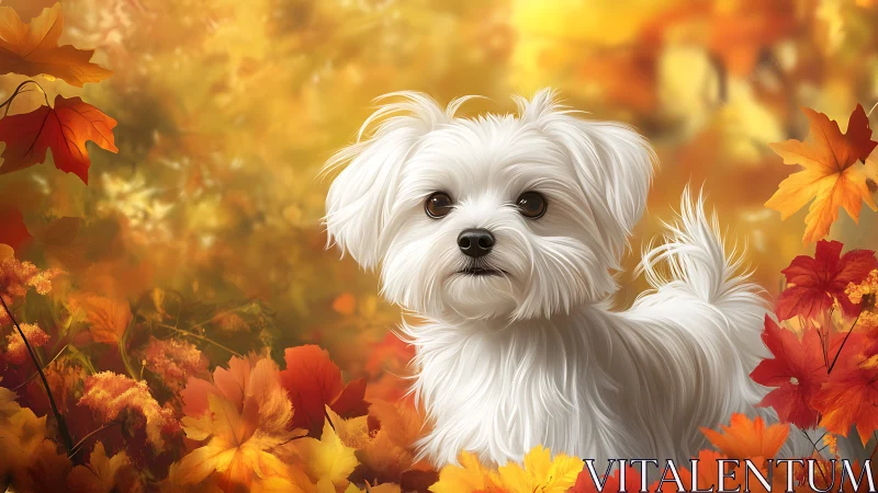 Tiny white autumn explorer pauses amid glowing maple leaves