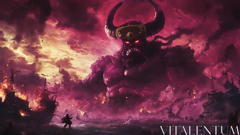 Colossal horned entity rising amid burning warships at sea.