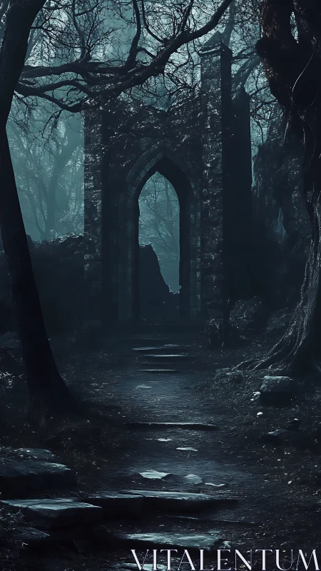 Gothic stone archway in misted forest pathway at dusk.
