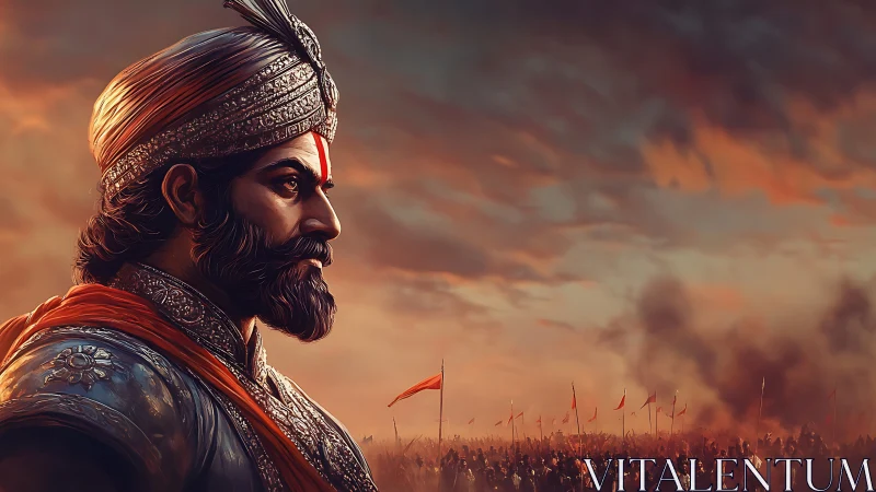 Armored warrior commander profile at dusk battlefield horizon