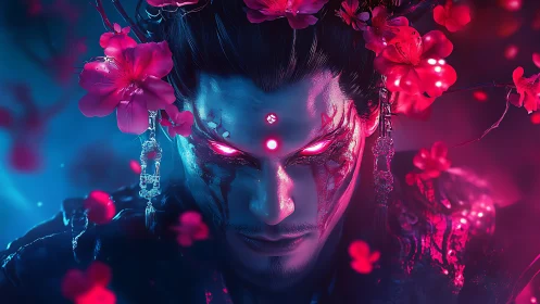 Demonic warrior with glowing eyes framed by red blossoms.