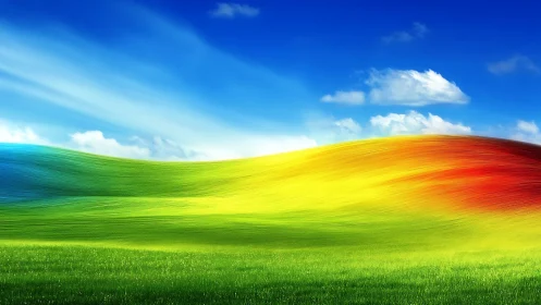 Radiant rainbow hillside under vivid blue digital sky.