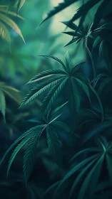 Botanical fronds in volumetric teal forest illumination.
