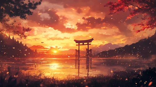 Torii gate rises over glowing lake at burning sunset